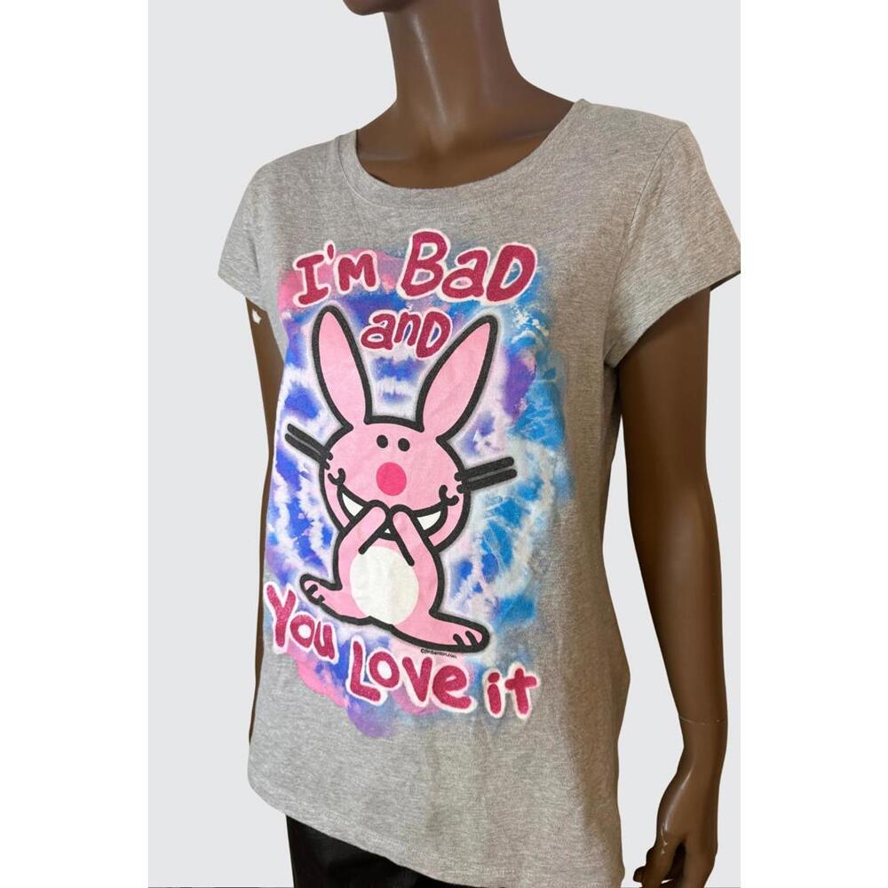 Grey Graphic T-Shirt with Pink Bunny and 'I'm Bad and You Love It' Print size L